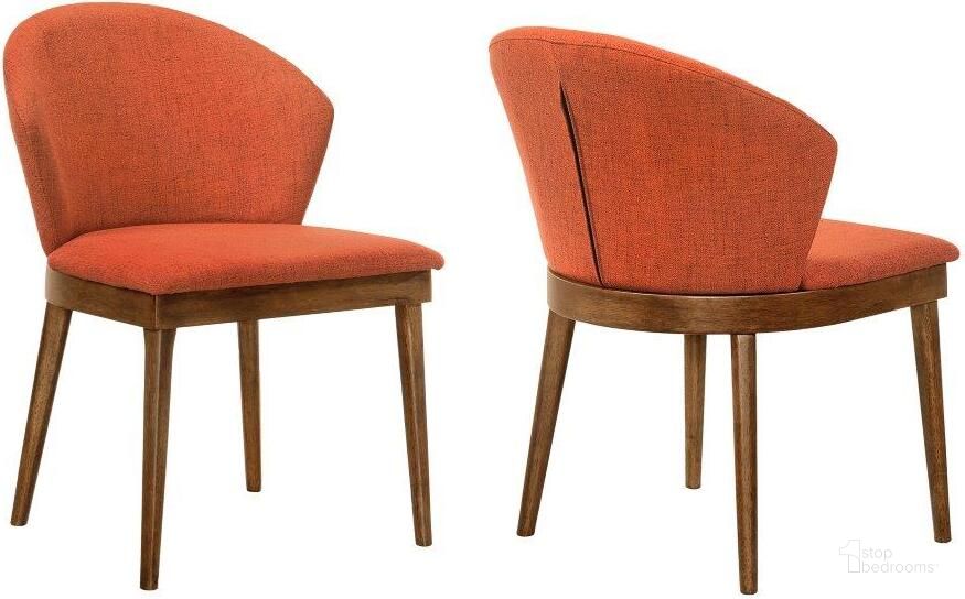 The appearance of Juno Orange Fabric And Walnut Wood Dining Side Chair designed by Armen Living in the modern / contemporary interior design. This orange piece of furniture  was selected by 1StopBedrooms from Juno Collection to add a touch of cosiness and style into your home. Sku: LCJNSIWAOR. Product Type: Side Chair. Material: Rubberwood. Image1