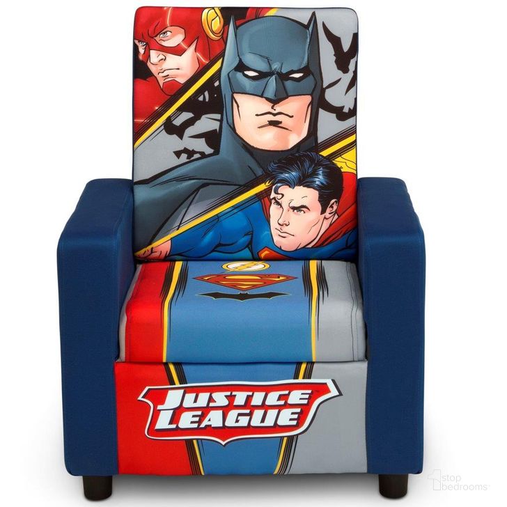 The appearance of Justice League Blue High Back Upholstered Chair designed by Delta Children in the modern / contemporary interior design. This blue piece of furniture  was selected by 1StopBedrooms from  to add a touch of cosiness and style into your home. Sku: UP83606JL-1215. Material: Wood. Product Type: Kids Chair. Image1