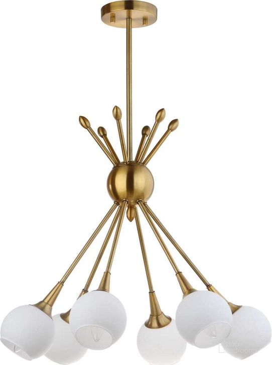 The appearance of Justine Brass Gold 6 Light 22 Inch Dia Adjustable Pendant designed by Safavieh in the modern / contemporary interior design. This gold piece of furniture  was selected by 1StopBedrooms from Justine Collection to add a touch of cosiness and style into your home. Sku: PND4002A. Product Type: Pendant Lighting. Material: Brass. Image1