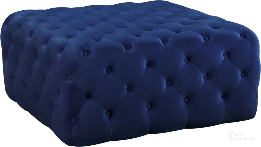 The appearance of Juxville Navy Velvet Ottoman designed by Furnique in the modern / contemporary interior design. This navy piece of furniture  was selected by 1StopBedrooms from Juxville Collection to add a touch of cosiness and style into your home. Sku: 123Navy. Product Type: Bench. Material: Velvet. Image1
