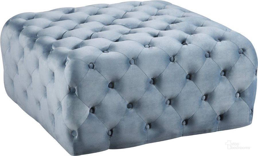 The appearance of Juxville Sky Blue Velvet Ottoman designed by Furnique in the modern / contemporary interior design. This sky blue piece of furniture  was selected by 1StopBedrooms from Juxville Collection to add a touch of cosiness and style into your home. Sku: 123SkyBlu. Product Type: Bench. Material: Velvet. Image1