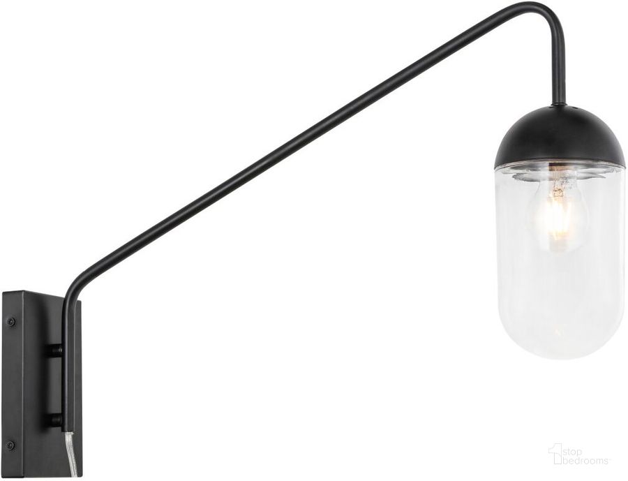The appearance of Kace 1 Light Black And Clear Glass Wall Sconce LD6174BK designed by Elegant Lighting in the industrial interior design. This black piece of furniture  was selected by 1StopBedrooms from Kace Collection to add a touch of cosiness and style into your home. Sku: LD6174BK. Material: Metal. Product Type: Wall Sconce. Image1