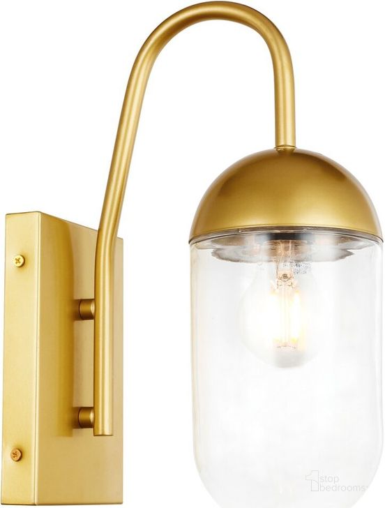 The appearance of Kace 1 Light Brass And Clear Glass Wall Sconce designed by Elegant Lighting in the industrial interior design. This brass piece of furniture  was selected by 1StopBedrooms from Kace Collection to add a touch of cosiness and style into your home. Sku: LD6172BR. Material: Metal. Product Type: Wall Sconce. Image1