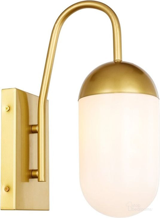 The appearance of Kace 1 Light Brass And Frosted White Glass Wall Sconce designed by Elegant Lighting in the industrial interior design. This brass piece of furniture  was selected by 1StopBedrooms from Kace Collection to add a touch of cosiness and style into your home. Sku: LD6173BR. Material: Metal. Product Type: Wall Sconce. Image1