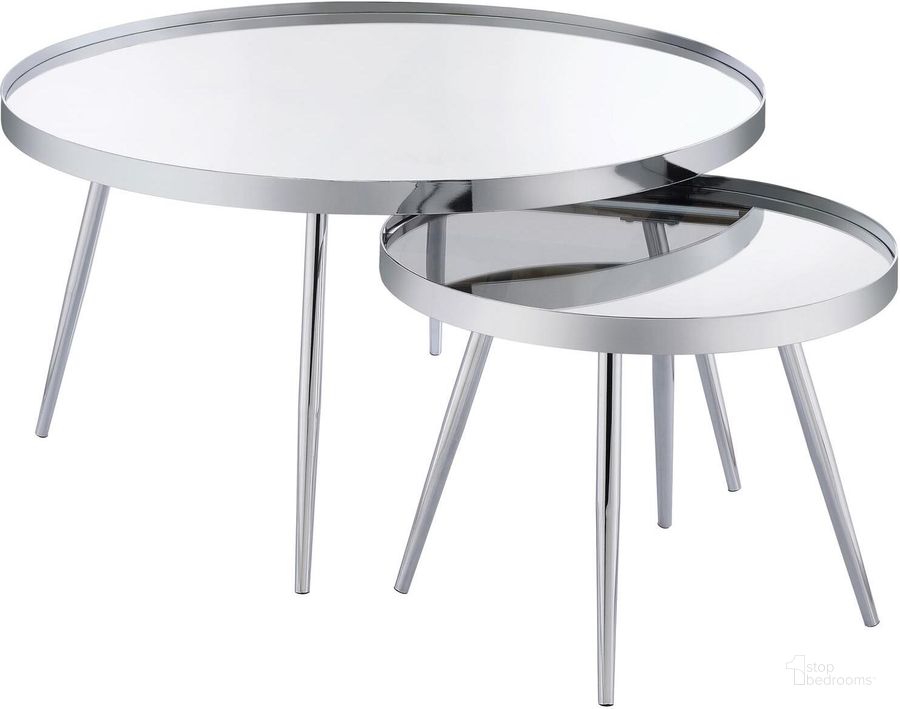 The appearance of Kaelyn 2-Piece Round Mirror Top Nesting Coffee Table In Chrome designed by Coaster in the modern / contemporary interior design. This chrome piece of furniture  was selected by 1StopBedrooms from Kaelyn Collection to add a touch of cosiness and style into your home. Sku: 708368. Material: Metal. Product Type: Nesting Table. Image1