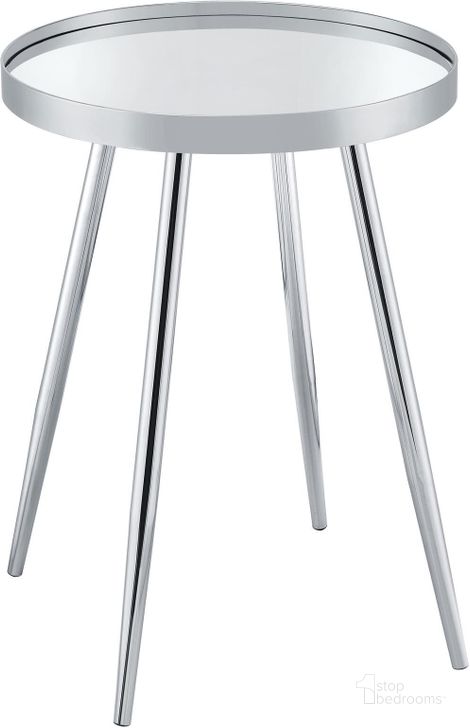 The appearance of Kaelyn Round Mirror Top End Table In Chrome designed by Coaster in the modern / contemporary interior design. This chrome piece of furniture  was selected by 1StopBedrooms from Kaelyn Collection to add a touch of cosiness and style into your home. Sku: 708367. Material: Metal. Product Type: End Table. Image1
