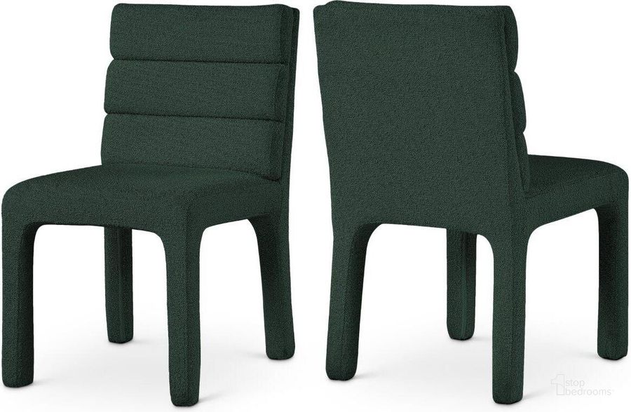 The appearance of Kai Green Boucle Fabric Dining Chair Set of 2 designed by Meridian in the modern / contemporary interior design. This green piece of furniture  was selected by 1StopBedrooms from Kai Collection to add a touch of cosiness and style into your home. Sku: 890Green-C. Material: Metal. Product Type: Dining Chair. Image1