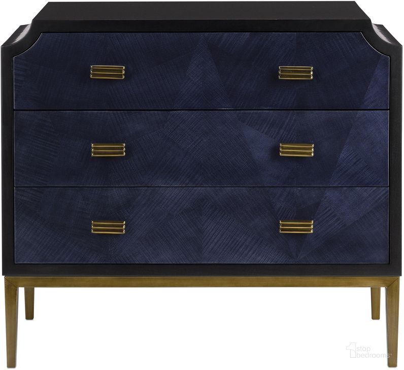 The appearance of Kallista Blue Chest designed by Currey & Company in the modern / contemporary interior design. This blue piece of furniture  was selected by 1StopBedrooms from Kallista Collection to add a touch of cosiness and style into your home. Sku: 3000-0124. Material: Wood. Product Type: Chest. Image1