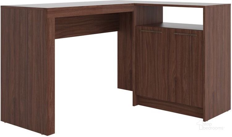 The appearance of Kalmar L -Shaped Office Desk With Inclusive In Dark Brown designed by Manhattan Comfort in the transitional interior design. This dark brown piece of furniture  was selected by 1StopBedrooms from Kalmar Collection to add a touch of cosiness and style into your home. Sku: 138AMC164. Product Type: Office Desk. Material: MDP. Image1
