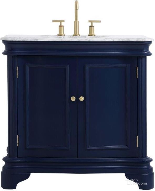 The appearance of Kameron 36 Inch Single Bathroom Vanity Set In Blue designed by Elegant Lighting in the transitional interior design. This blue piece of furniture  was selected by 1StopBedrooms from Kameron Collection to add a touch of cosiness and style into your home. Sku: VF52036BL. Material: Wood. Product Type: Bathroom Vanity. Image1