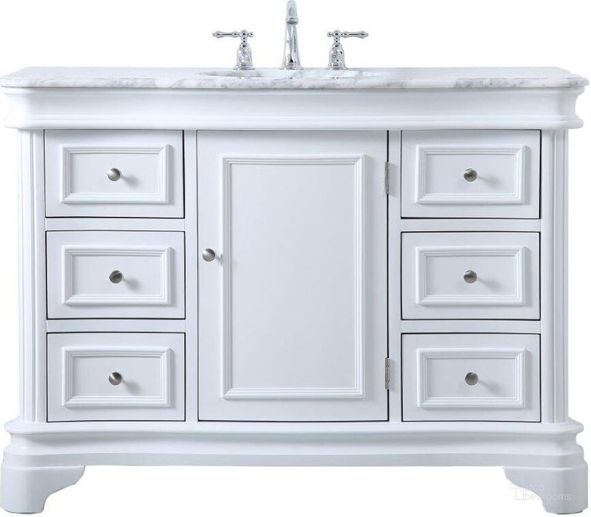 The appearance of Kameron 48 Inch Single Bathroom Vanity Set In White designed by Elegant Lighting in the transitional interior design. This white piece of furniture  was selected by 1StopBedrooms from Kameron Collection to add a touch of cosiness and style into your home. Sku: VF52048WH. Material: Wood. Product Type: Bathroom Vanity. Image1