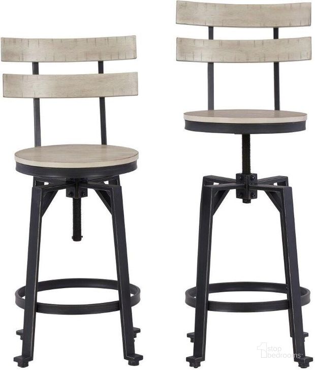 The appearance of Karisslyn Whitewash And Black Swivel Bar Stool Set Of 2 designed by Signature Design by Ashley in the transitional interior design. This white wash/black piece of furniture  was selected by 1StopBedrooms from Karisslyn Collection to add a touch of cosiness and style into your home. Sku: D336-124. Material: Metal. Product Type: Barstool. Image1