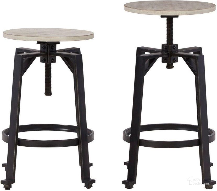 The appearance of Karisslyn Whitewash And Black Swivel Counter Height Stool Set Of 2 designed by Signature Design by Ashley in the transitional interior design. This white wash/black piece of furniture  was selected by 1StopBedrooms from Karisslyn Collection to add a touch of cosiness and style into your home. Sku: D336-024. Material: Metal. Product Type: Accent Stool. Image1