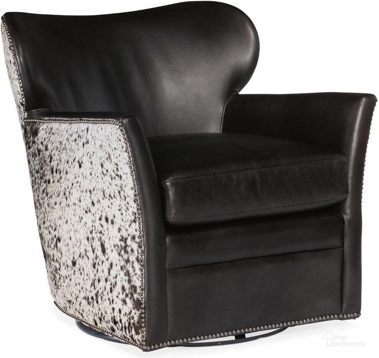 The appearance of Kato Black Leather Swivel Chair With Salt Pepper Hoh designed by Hooker in the traditional interior design. This black piece of furniture  was selected by 1StopBedrooms from Kato Collection to add a touch of cosiness and style into your home. Sku: CC469-SW-097. Material: Leather. Product Type: Swivel Chair. Image1