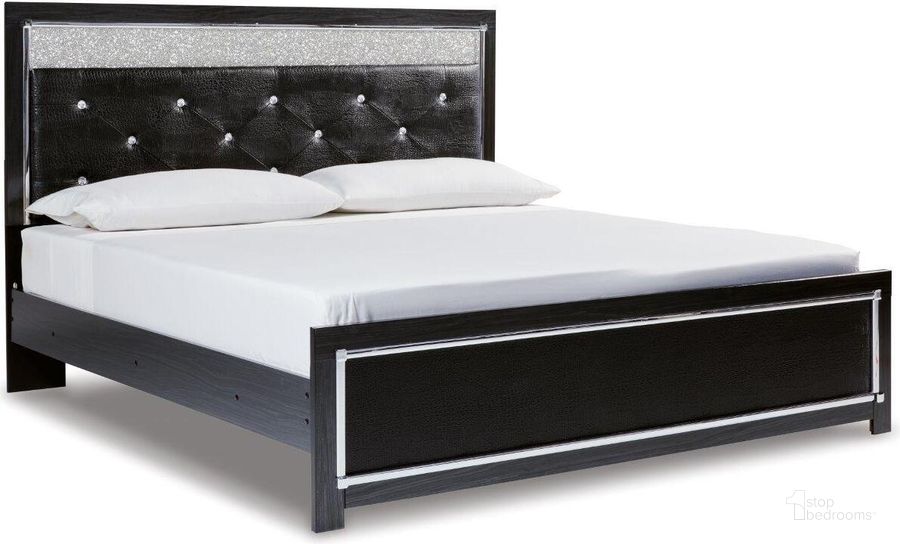 The appearance of Kaydell Black King Lighting Upholstered Panel Bed designed by Signature Design by Ashley in the modern / contemporary interior design. This black piece of furniture  was selected by 1StopBedrooms from Kaydell Collection to add a touch of cosiness and style into your home. Sku: B1420-158;B1420-56;B1420-97. Bed Type: Panel Bed. Material: Fabric. Product Type: Panel Bed. Bed Size: King. Image1