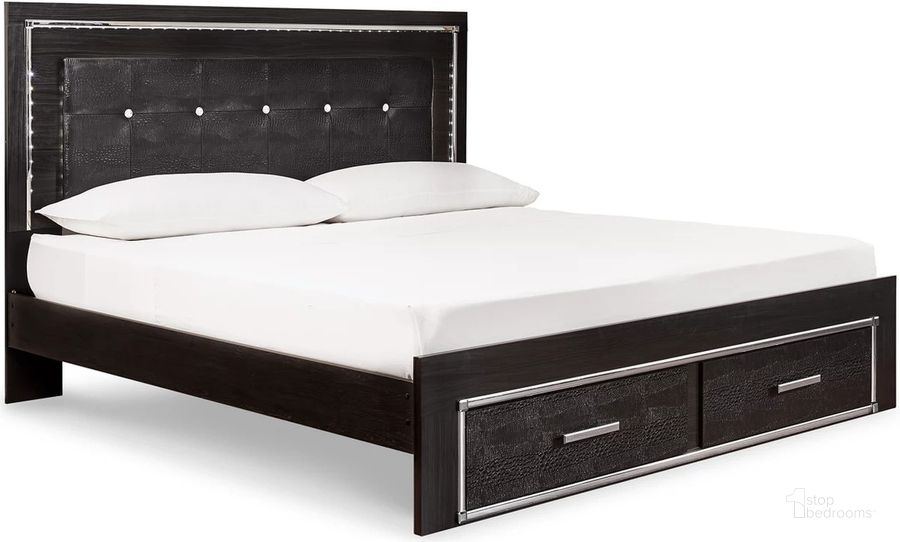The appearance of Kaydell Black King Storage Panel Bed designed by Signature Design by Ashley in the modern / contemporary interior design. This black piece of furniture  was selected by 1StopBedrooms from Kaydell Collection to add a touch of cosiness and style into your home. Sku: B1420-56S;B1420-58;B1420-97. Bed Type: Panel Bed. Material: Wood. Product Type: Panel Bed. Bed Size: King. Image1