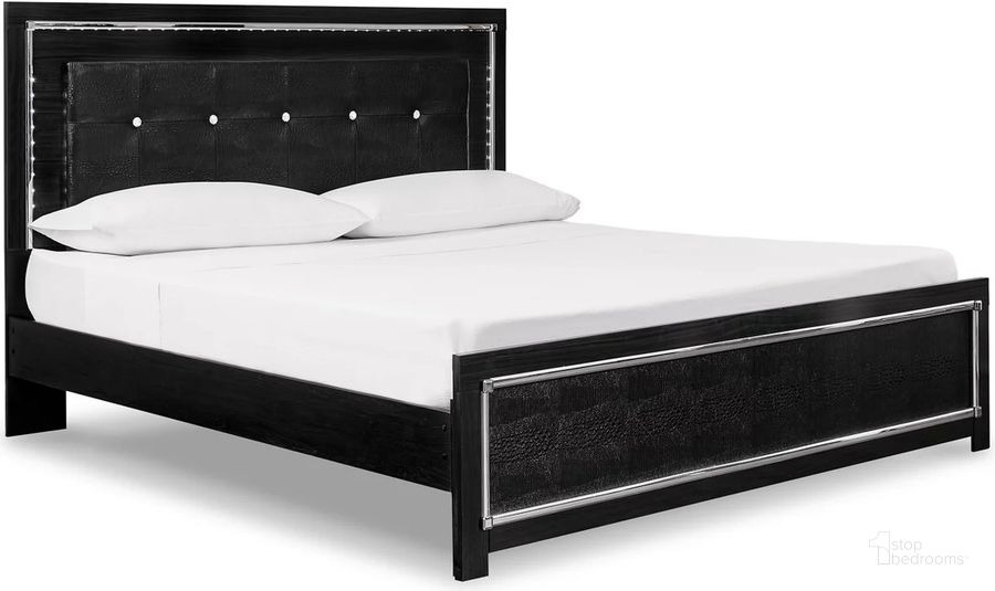 The appearance of Kaydell Black Upholstered King Panel Bed designed by Signature Design by Ashley in the modern / contemporary interior design. This black piece of furniture  was selected by 1StopBedrooms from Kaydell Collection to add a touch of cosiness and style into your home. Sku: B1420-56;B1420-58;B1420-95;B100-14. Bed Type: Panel Bed. Material: Wood. Product Type: Panel Bed. Bed Size: King. Image1