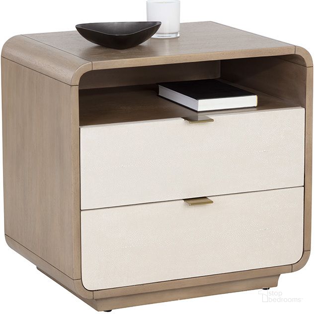 The appearance of Kayden Nightstand In Cream Shagreen designed by Sunpan in the modern / contemporary interior design. This cream piece of furniture  was selected by 1StopBedrooms from Kayden Collection to add a touch of cosiness and style into your home. Sku: 107821. Product Type: Nightstand. Material: Bonded Leather. Image1