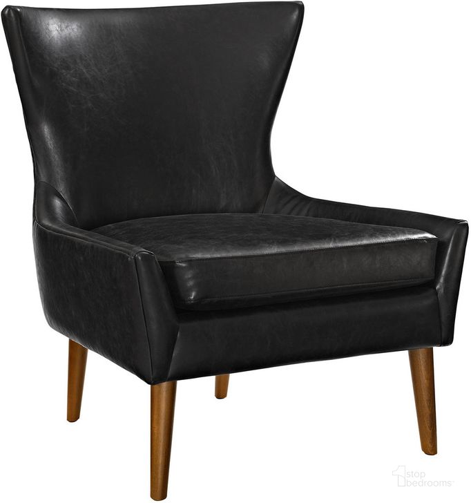 The appearance of Keen Upholstered Vinyl Armchair In Black designed by Modway in the transitional interior design. This black piece of furniture  was selected by 1StopBedrooms from Keen Collection to add a touch of cosiness and style into your home. Sku: EEI-2458-BLK. Material: Wood. Product Type: Living Room Chair. Image1