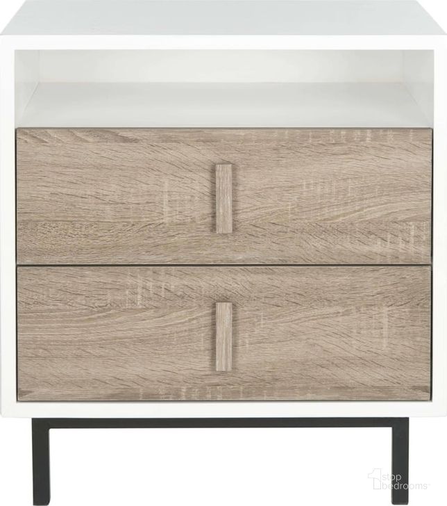 The appearance of Kefton White, Oak and Black Scandinavian Lacquer 2-Drawer Cabinet designed by Safavieh in the modern / contemporary interior design. This white and grey piece of furniture  was selected by 1StopBedrooms from Safavieh FOX Collection to add a touch of cosiness and style into your home. Sku: FOX4219A. Product Type: Cabinet. Material: Iron. Image1