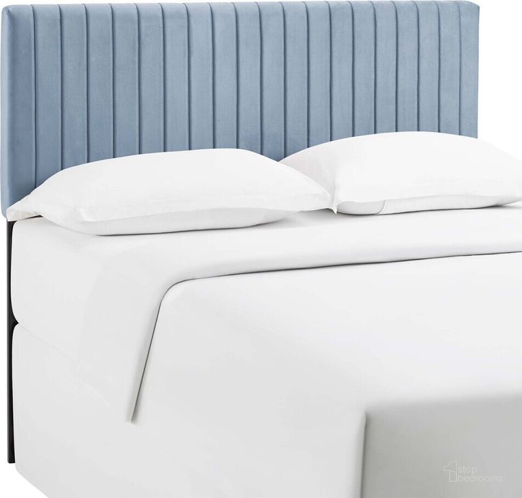 The appearance of Keira King/California King Performance Velvet Headboard In Light Blue designed by Modway in the modern / contemporary interior design. This light blue piece of furniture  was selected by 1StopBedrooms from Keira Collection to add a touch of cosiness and style into your home. Sku: MOD-6097-LBU. Material: Wood. Product Type: Headboard. Bed Size: King. Image1