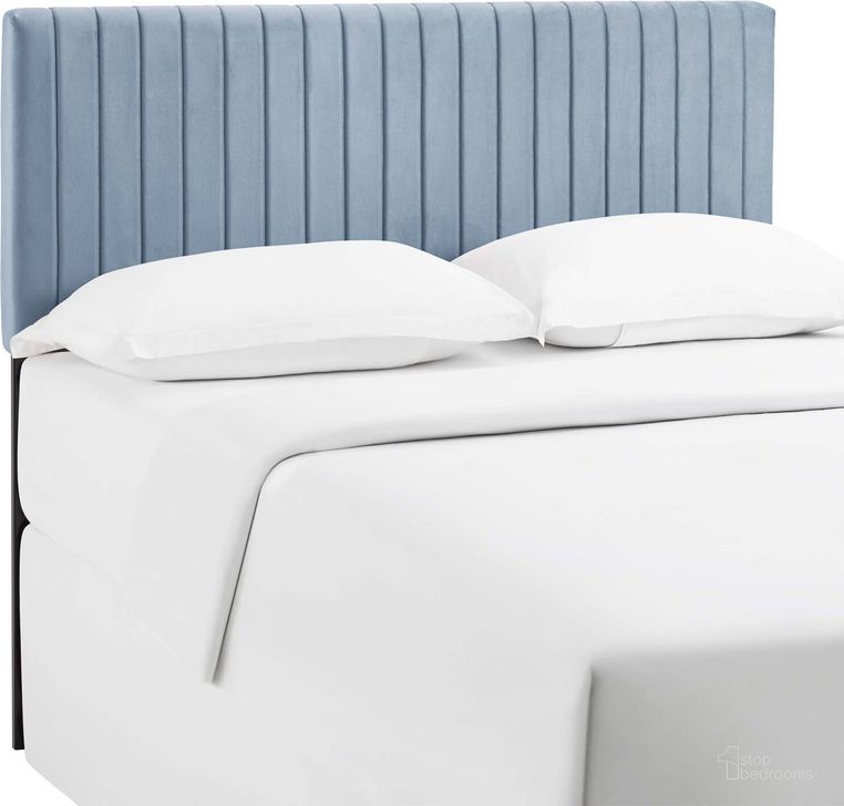 The appearance of Keira Light Blue Full/Queen Performance Velvet Headboard designed by Modway in the modern / contemporary interior design. This light blue piece of furniture  was selected by 1StopBedrooms from Keira Collection to add a touch of cosiness and style into your home. Sku: MOD-6095-LBU. Material: Wood. Product Type: Headboard. Image1