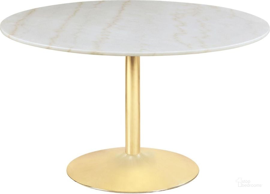 The appearance of Kella Round Dining Table In Natural Marble And Gold designed by Coaster in the modern / contemporary interior design. This natural piece of furniture  was selected by 1StopBedrooms from Kella Collection to add a touch of cosiness and style into your home. Sku: 192061B1;192061B2. Table Base Style: Pedestal. Table Top Shape: Round. Material: Metal. Product Type: Dining Table. Size: 50". Image1