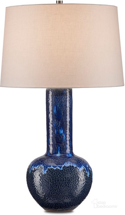 The appearance of Kelmscott Blue Gourd Table Lamp designed by Currey & Company in the modern / contemporary interior design. This blue piece of furniture  was selected by 1StopBedrooms from Kelmscott Collection to add a touch of cosiness and style into your home. Sku: 6000-0822. Material: Ceramic. Product Type: Table Lamp. Image1