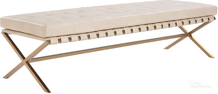 The appearance of Kenji Large Bench In Gold And Bravo Cream designed by Sunpan in the modern / contemporary interior design. This gold piece of furniture  was selected by 1StopBedrooms from Kenji Collection to add a touch of cosiness and style into your home. Sku: 108648. Material: Faux Leather. Product Type: Bench. Image1