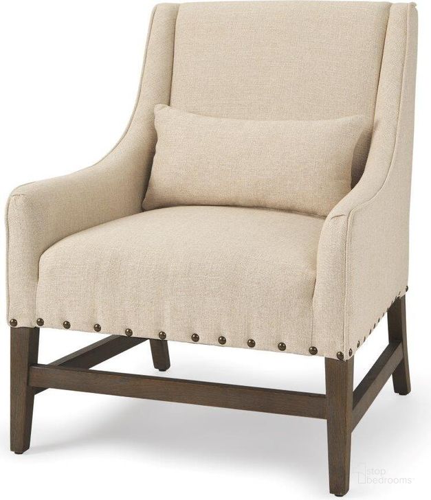The appearance of Kensington Cream Upholstered With Medium-Brown Solid Wood Accent Chair designed by Mercana in the transitional interior design. This brown and cream piece of furniture  was selected by 1StopBedrooms from Kensington Collection to add a touch of cosiness and style into your home. Sku: 70243. Material: Wood. Product Type: Accent Chair. Image1