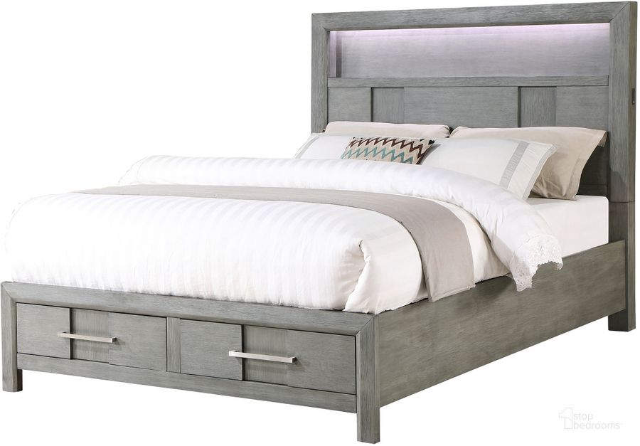 The appearance of Kenzo King Bed with LED Headboard and Bookshelf In Gray designed by Galaxy Home Furnishings in the modern / contemporary interior design. This gray piece of furniture  was selected by 1StopBedrooms from Kenzo Collection to add a touch of cosiness and style into your home. Sku: 601955550437. Bed Type: Bookcase Bed. Material: Wood. Product Type: Bookcase Bed. Bed Size: King. Image1
