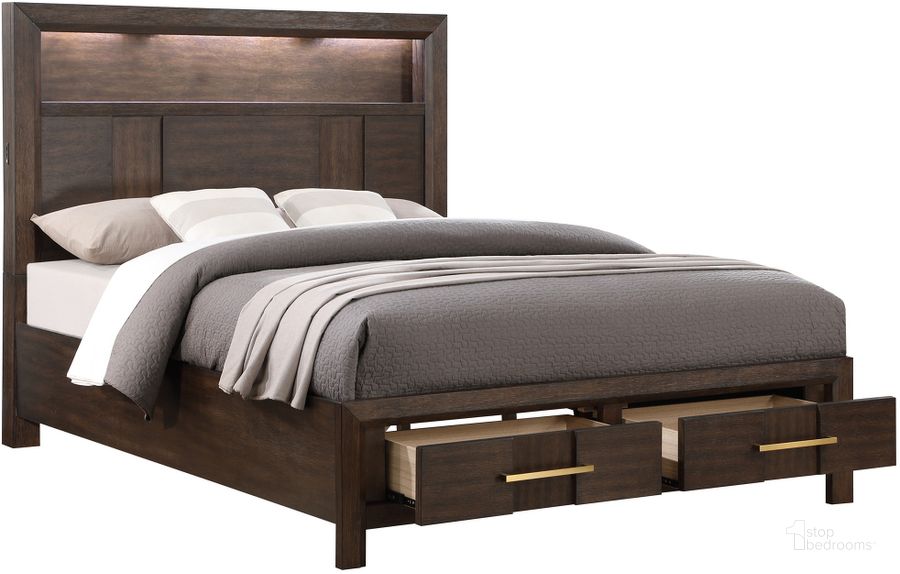 The appearance of Kenzo King Bed with LED Headboard and Bookshelf In Walnut designed by Galaxy Home Furnishings in the modern / contemporary interior design. This walnut piece of furniture  was selected by 1StopBedrooms from Kenzo Collection to add a touch of cosiness and style into your home. Sku: 698781203620. Bed Type: Bookcase Bed. Material: Wood. Product Type: Bookcase Bed. Bed Size: King. Image1