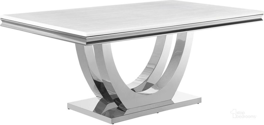 The appearance of Kerwin Rectangle Faux Marble Top Dining Table White and Chrome designed by Coaster in the modern / contemporary interior design. This white and chrome piece of furniture  was selected by 1StopBedrooms from Kerwin Collection to add a touch of cosiness and style into your home. Sku: 111101B1;111101B2;111101B3. Table Base Style: Pedestal. Product Type: Dining Table. Table Top Shape: Rectangular. Material: Stainless Steel. Size: 42". Image1