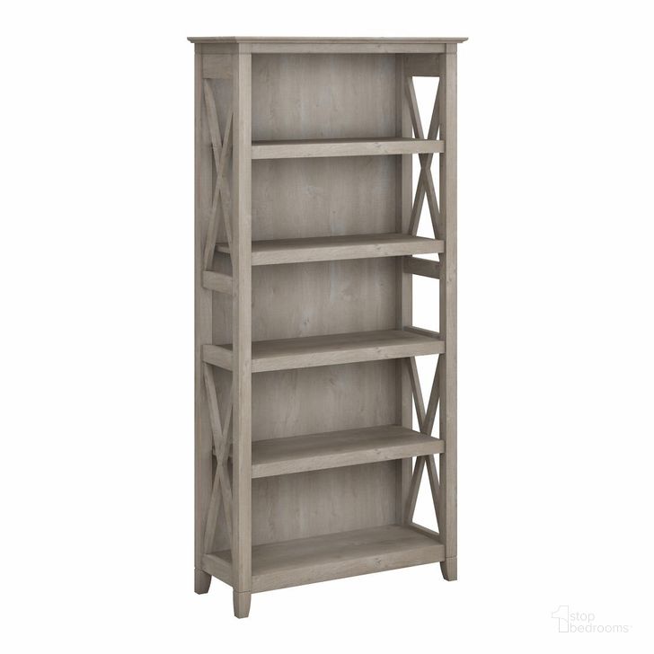 The appearance of Key West Washed Gray 5 Shelf Bookcase designed by Bush Furniture in the transitional interior design. This gray piece of furniture  was selected by 1StopBedrooms from Key West Collection to add a touch of cosiness and style into your home. Sku: KWB132WG-03. Material: Wood. Product Type: Standard Bookcase. Image1