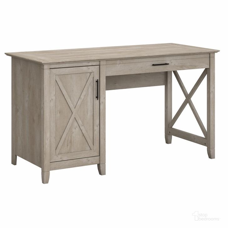 The appearance of Key West Washed Gray 54" Single Pedestal Desk designed by Bush Furniture in the transitional interior design. This washed grey piece of furniture  was selected by 1StopBedrooms from Key West Collection to add a touch of cosiness and style into your home. Sku: KWD154WG-03. Material: Wood. Product Type: Computer Desk. Image1