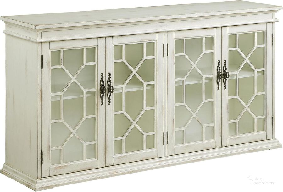 The appearance of Kiara 4-Door Accent Cabinet with Adjustable Shelves In White designed by Coaster in the traditional interior design. This white piece of furniture  was selected by 1StopBedrooms from Kiara Collection to add a touch of cosiness and style into your home. Sku: 950859. Material: Wood. Product Type: Accent Cabinet. Image1