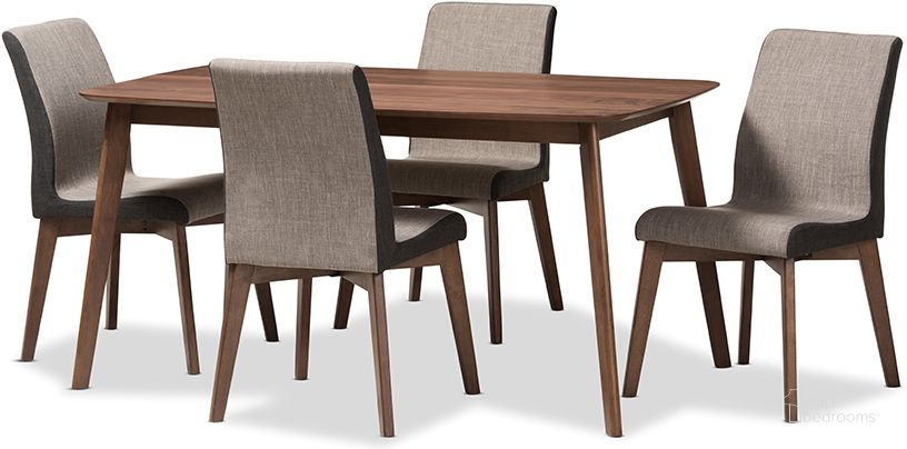 The appearance of Kimberly Mid-Century Modern Beige And Brown Fabric 5-Piece Dining Set designed by Baxton Studio in the transitional interior design. This light brown piece of furniture  was selected by 1StopBedrooms from Kimberly Collection to add a touch of cosiness and style into your home. Sku: Kimberly-Brown-5PC Dining Set. Product Type: Dining Room Set. Material: Rubberwood. Image1