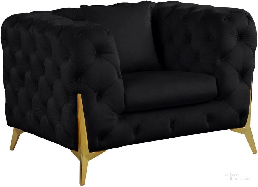 The appearance of Kingdom Black Velvet Chair designed by Meridian in the modern / contemporary interior design. This black velvet piece of furniture  was selected by 1StopBedrooms from Kingdom Collection to add a touch of cosiness and style into your home. Sku: 695Black-C. Product Type: Chair. Material: Plywood. Image1