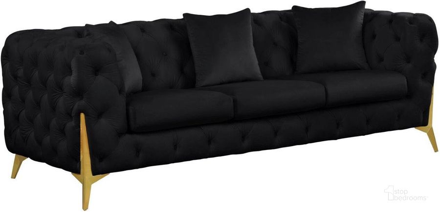 The appearance of Kingdom Black Velvet Sofa designed by Meridian in the modern / contemporary interior design. This black velvet piece of furniture  was selected by 1StopBedrooms from Kingdom Collection to add a touch of cosiness and style into your home. Sku: 695Black-S. Product Type: Sofa. Material: Plywood. Image1