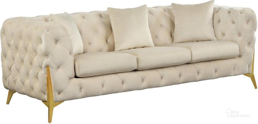 The appearance of Kingdom Cream Velvet Sofa designed by Meridian in the modern / contemporary interior design. This cream velvet piece of furniture  was selected by 1StopBedrooms from Kingdom Collection to add a touch of cosiness and style into your home. Sku: 695Cream-S. Product Type: Sofa. Material: Plywood. Image1