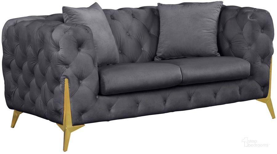 The appearance of Kingdom Grey Velvet Loveseat designed by Meridian in the modern / contemporary interior design. This grey velvet piece of furniture  was selected by 1StopBedrooms from Kingdom Collection to add a touch of cosiness and style into your home. Sku: 695Grey-L. Product Type: Loveseat. Material: Plywood. Image1