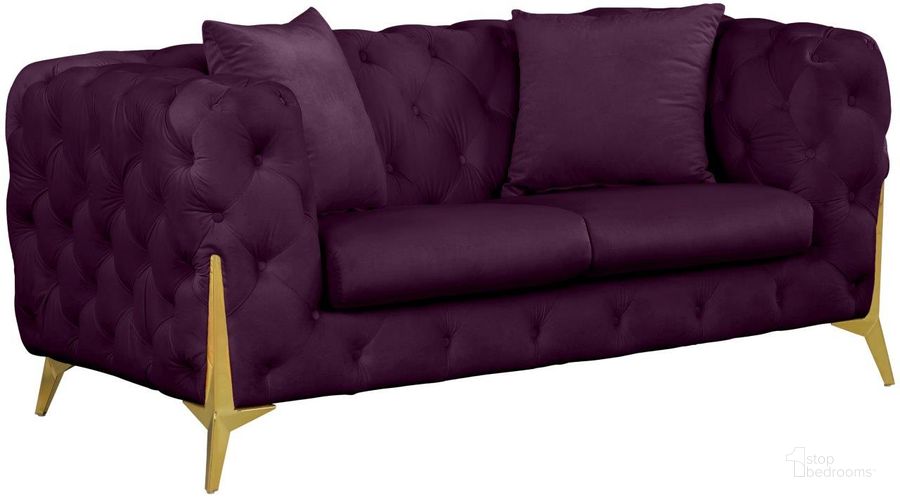 The appearance of Kingdom Purple Velvet Loveseat designed by Meridian in the modern / contemporary interior design. This purple velvet piece of furniture  was selected by 1StopBedrooms from Kingdom Collection to add a touch of cosiness and style into your home. Sku: 695Purple-L. Product Type: Loveseat. Material: Plywood. Image1