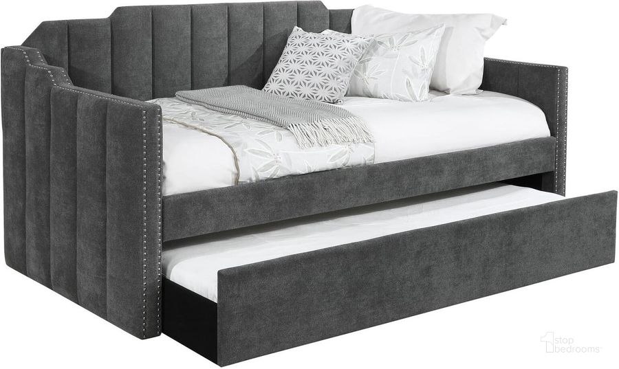 The appearance of Kingston Upholstered Twin Daybed with Trundle In Charcoal designed by Coaster in the glam interior design. This charcoal piece of furniture  was selected by 1StopBedrooms from Kingston Collection to add a touch of cosiness and style into your home. Sku: 315962B1;315962B2. Bed Type: Daybed. Material: Upholstered. Product Type: DayBed. Bed Size: Twin. Image1