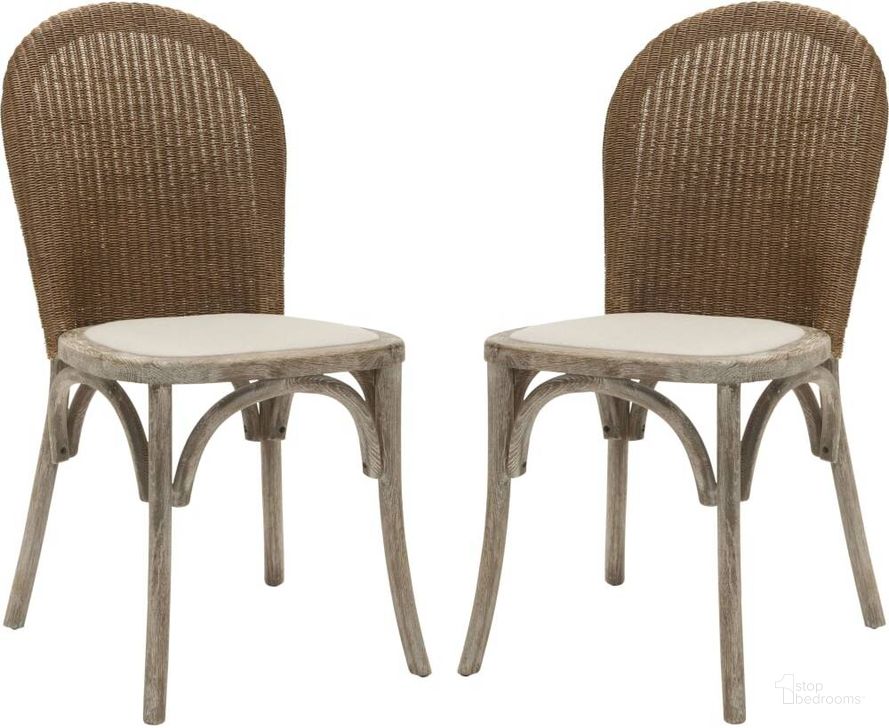 The appearance of Kioni Taupe and Pickled Oak Rattan Side Chair designed by Safavieh in the modern / contemporary interior design. This taupe piece of furniture  was selected by 1StopBedrooms from Safavieh MCR Collection to add a touch of cosiness and style into your home. Sku: MCR4599A-SET2. Material: Wood. Product Type: Dining Chair. Image1