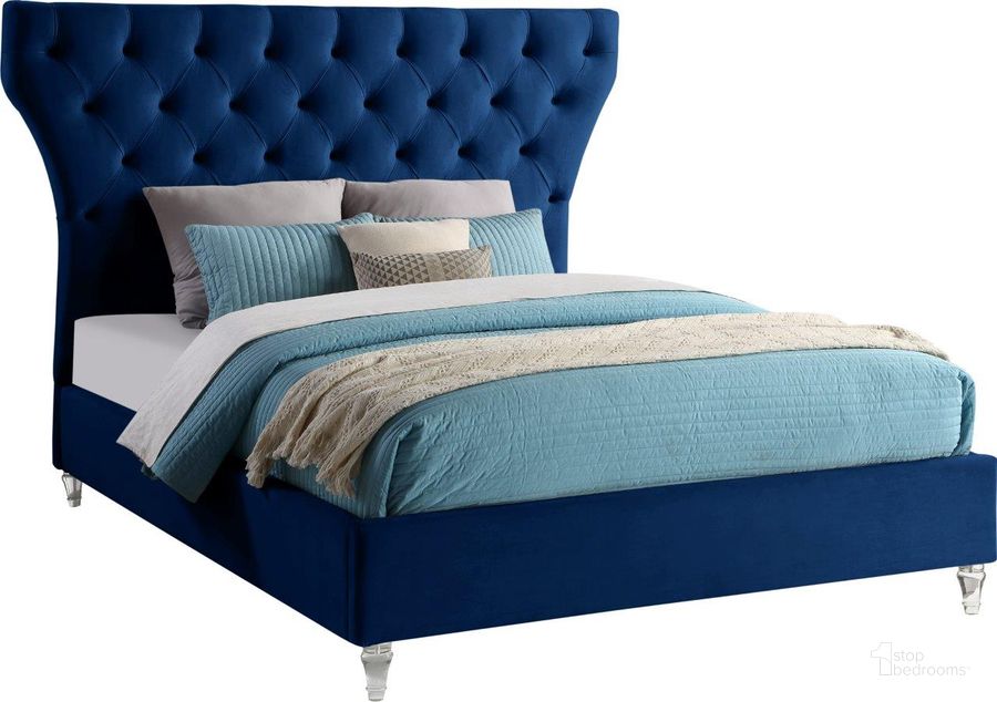 The appearance of Kira Navy King Bed designed by Meridian in the modern / contemporary interior design. This navy velvet piece of furniture  was selected by 1StopBedrooms from Kira Collection to add a touch of cosiness and style into your home. Sku: KiraNavy-K-1;KiraNavy-K-2. Bed Type: Platform Bed. Product Type: Platform Bed. Bed Size: King. Material: Velvet. Image1