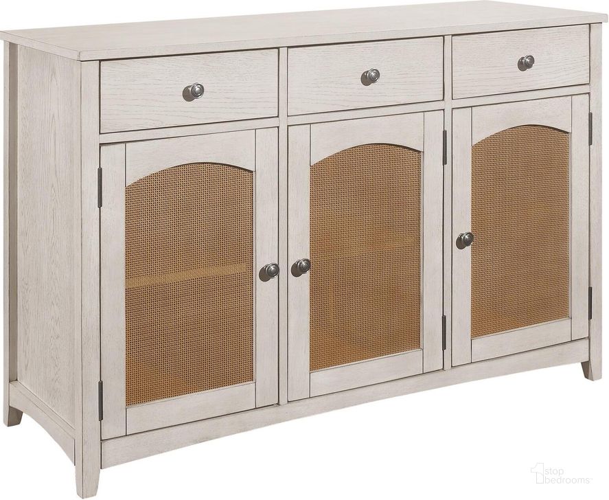 The appearance of Kirby 3-Drawer Rectangular Server With Adjustable Shelves Natural and Rustic Off White designed by Coaster in the rustic / southwestern interior design. This rustic white piece of furniture  was selected by 1StopBedrooms from Kirby Collection to add a touch of cosiness and style into your home. Sku: 192695. Product Type: Server. Material: MDF. Image1