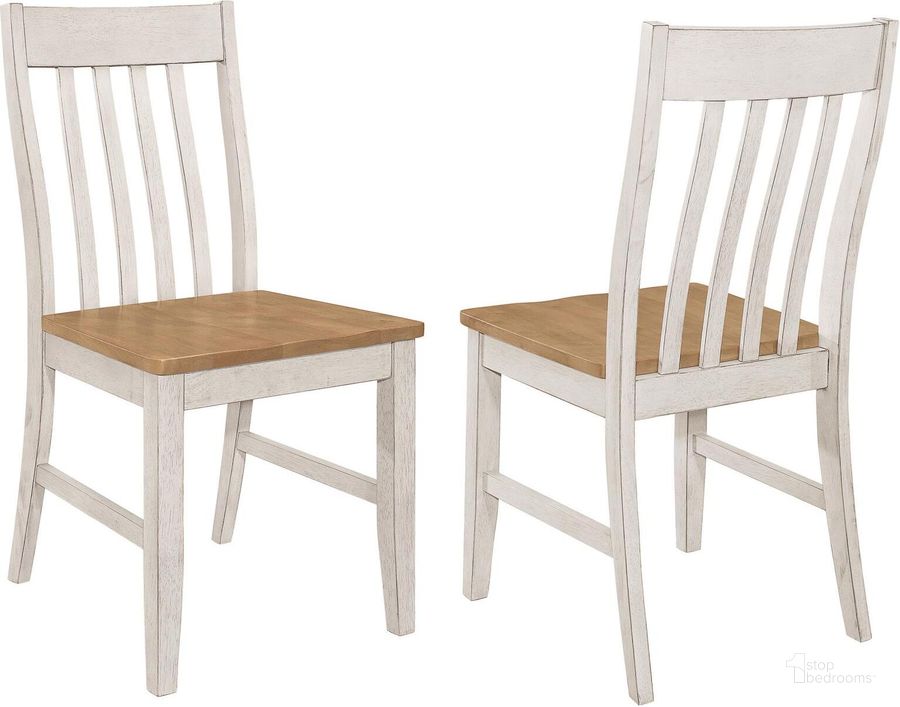 The appearance of Kirby Slat Back Side Chair Set Of 2 Natural and Rustic Off White designed by Coaster in the rustic / southwestern interior design. This rustic white piece of furniture  was selected by 1StopBedrooms from Kirby Collection to add a touch of cosiness and style into your home. Sku: 192692. Material: Wood. Product Type: Side Chair. Image1
