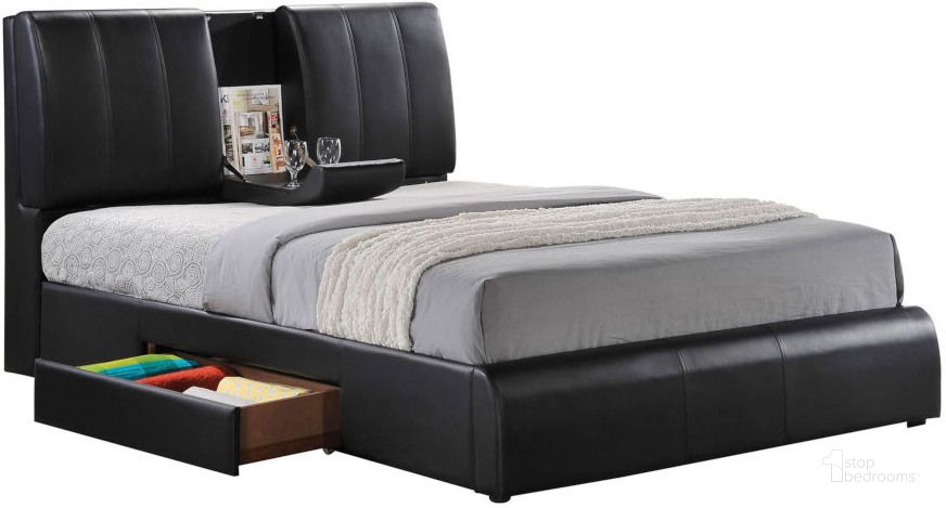 The appearance of Kofi Black King Upholstered Platform Storage Bed designed by ACME in the modern / contemporary interior design. This black piece of furniture  was selected by 1StopBedrooms from Kofi Collection to add a touch of cosiness and style into your home. Sku: 21266EK-HB;21267EK-FB;21268EK-R;21269EK-DRW. Bed Type: Storage Bed. Product Type: Storage Bed. Bed Size: King. Material: Vinyl. Image1