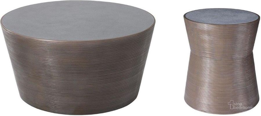 The appearance of Kono Bronze Concrete Top Occasional Table Set designed by Phillips Collection in the transitional interior design. This brown and gray piece of furniture  was selected by 1StopBedrooms from Kono Collection to add a touch of cosiness and style into your home. Sku: PH102335;PH100707. Product Type: Occasional Table Set. Material: Resin. Image1
