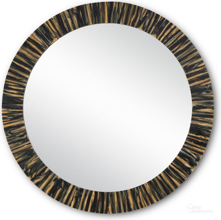 The appearance of Kuna Large Round Mirror In Black designed by Currey & Company in the modern / contemporary interior design. This black piece of furniture  was selected by 1StopBedrooms from Kuna Collection to add a touch of cosiness and style into your home. Sku: 1000-0124. Material: Wood. Product Type: Accent Mirror. Image1